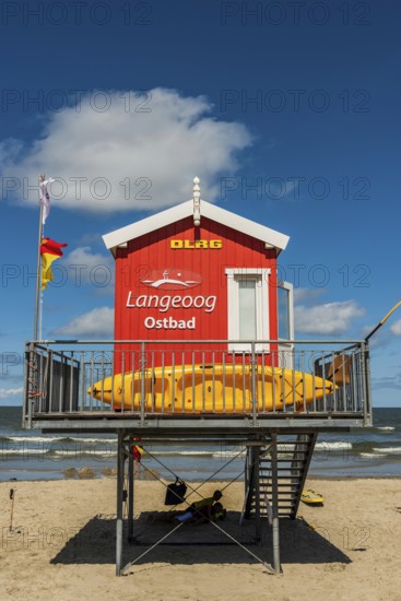 Hut for lifeguards, red, observation tower, rescue tower, beach, North Sea island, Langeoog, Germany