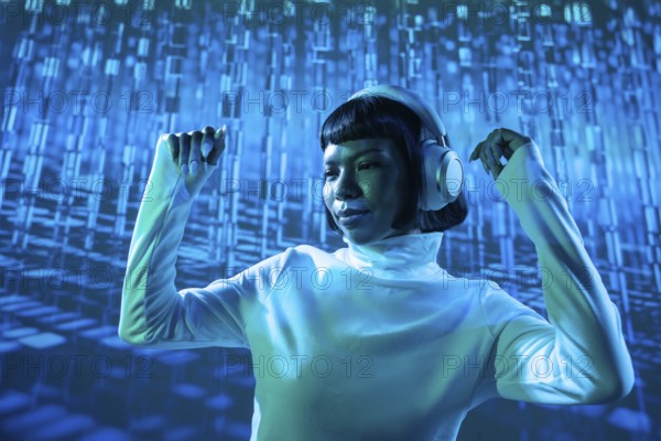 A futuristic Latin woman, immersed in music, wearing headphones. Her expression reveals a deep connection to the rhythm. The background enhances the modern, high-tech vibe