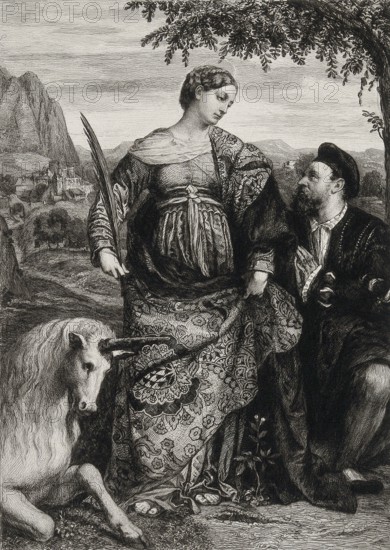 St Justina with a unicorn and a man praying to her. Etching by W. Unger after Moretto of Brescia, Historic, digitally restored reproduction from a 19th century original, Record date not stated
