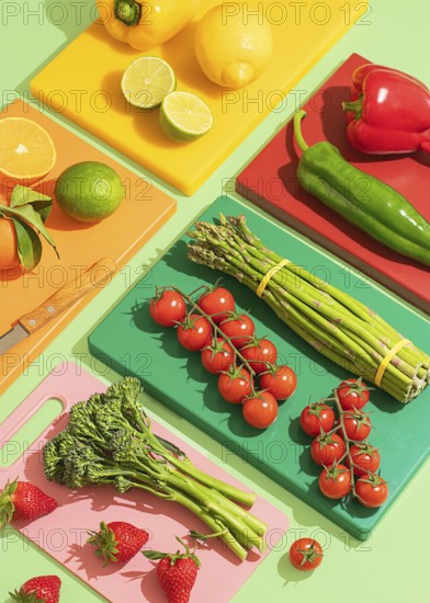 A vibrant display of assorted fresh fruits and vegetables, including tomatoes, asparagus, and citrus fruits on colorful cutting boards, showcasing healthy food preparation