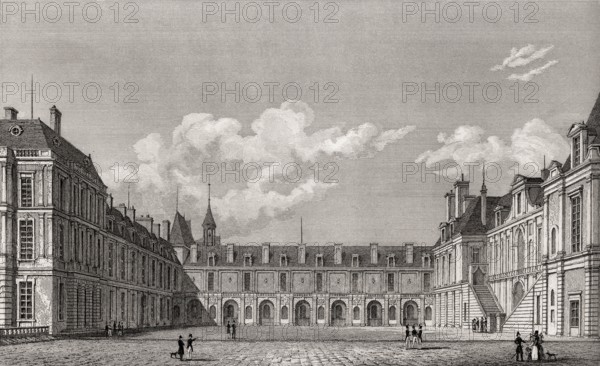 The Royal Château de Fontainebleau, near Paris, antique steel engraved print, 1831