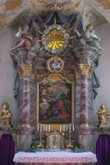 Altar with Lenten cloth, 18th century, St Laurentius and Agatha Church, Frankenhofen, Kaltental, Ostallgäu, Bavaria, Germany