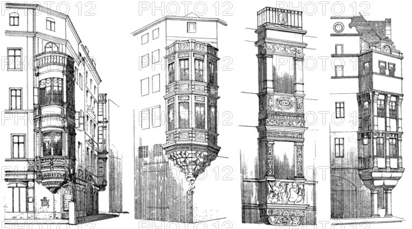Historical architectural illustration from the 19th Century, 1882, facade with bay windows in Renaissance style, now destroyed, Dresden, Saxony, Germany, Europe, Deutsche Renaissance, Architektur-Zeichnung von 1882, verschiedene Erker in der Altstadt, viele heute nicht mehr vorhanden, Dresden, Sachsen, Deutschland, Europa