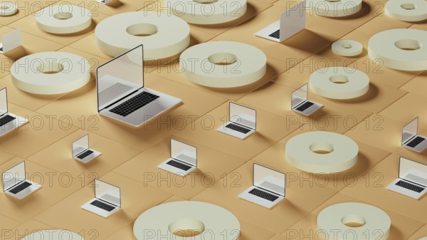 This setting displays numerous laptops arranged among circular tiles on a smooth surface, highlighting technology's abstract nature