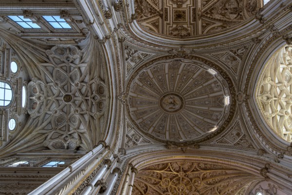 Elaborate dome decoration with detailed patterns and windows, Cathedral Mosque of Córdoba (Mezquita-Catedral), Cordoba, Andalusia, Spain