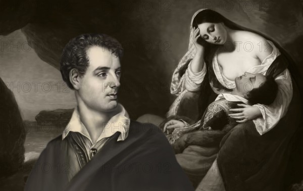 Portrait of George Gordon Noel Byron, Don Juan asleep on Haidée's lap, painting by Henry Scheffer after Byron's poem Don Juan, 1827, digital edited