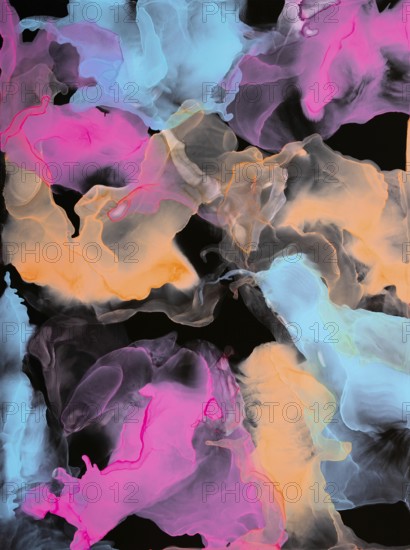 Vibrant abstract artwork featuring neon pinks, blues, and oranges that swirl against a dark backdrop. Ideal for creative concepts and backgrounds