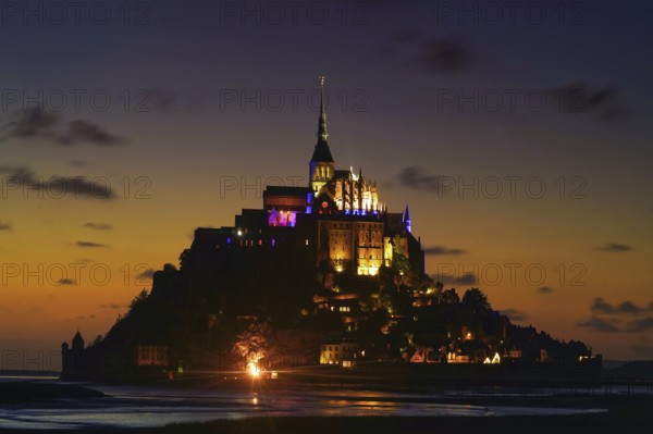 France, Normandy, Mont Abbey. St. Michel at night, Normandy, France