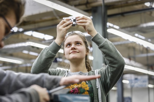 Remscheid, North Rhine-Westphalia, Germany - Trainee woman in metalworking here a materials tester during basic training, Vocational Training Centre of the Remscheid metal and electrical industry. - FOR EDITORIAL USE ONLY!