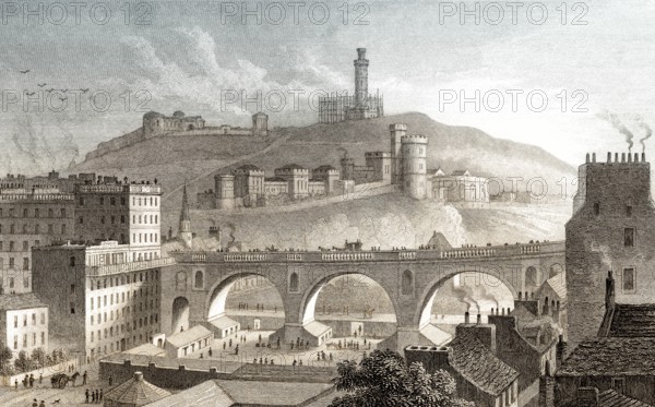 North Bridge, Calton Hill, from the Bank of Scotland, Edinburgh, Scotland, 19th century, from Modern Athens by Th. H. Shepherd