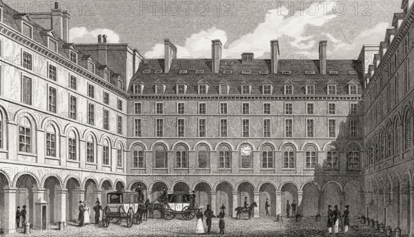 Cour du Ministre des Finances, Paris, antique steel engraved print, 1831