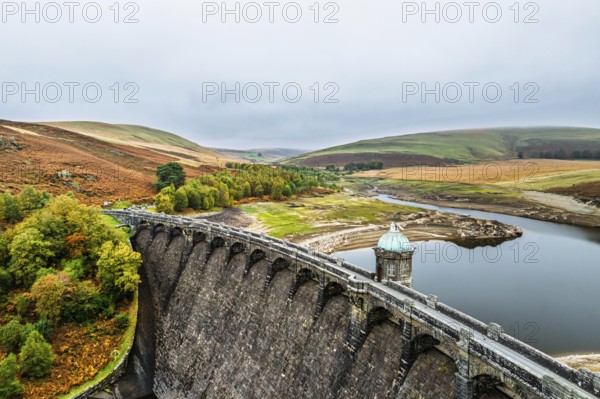 Autumn over Craig Goch Dam from a drone, Elan Valley Reservoirs, Elan Valley, Rhayader, Powys, Wales, UK