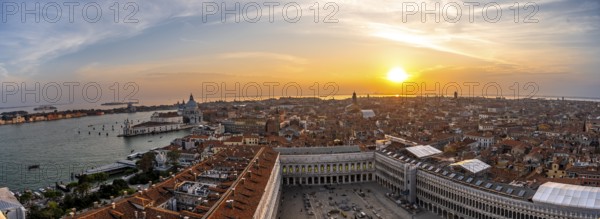Panorama, St Mark's Square and Basilica di Santa Maria della Salute on the Grand Canal at sunset, view from the Campanile di San Marco bell tower, city view of Venice, Veneto, Italy