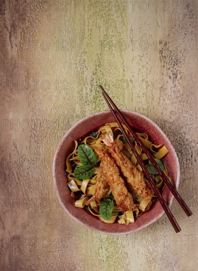 Udon noodles with shrimp in tempura, Japanese cuisine, homemade, no people