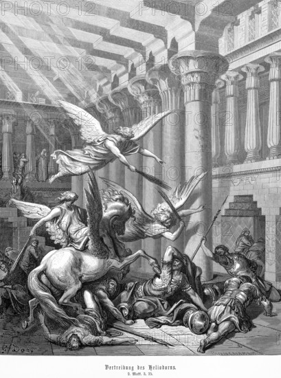 Expulsion of Heliodorus, 2nd book of the Maccabees, chapter 3, verse 25, God protects his temple, rider in golden armor, winged horse, rearing, hooves, shagen, angel, ray of light, wounded, lances, armor, fear, terror, battle, Christian religion, Bible, Old Testament, steel engraving Doré, historical illustration 1885