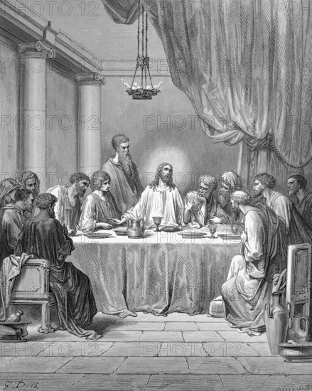 The Last Supper, Jesus celebrating the Farewell Supper with the Twelve, Matthew chapter 26, verse 20, betrayer Judas, breaking bread, chalice, plate, sitting, jug, oil lamp, burning, curtain, pillars, preparations Passover, interior, twelve disciples, set table, betrayal, Christian religion, Bible, New Testament, steel engraving Doré, historical illustration 1885