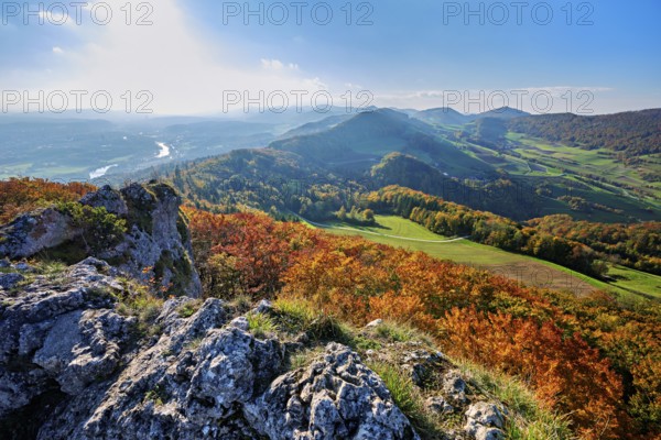View of an autumnal forest from the Gisliflue, behind the Jura foothills with Wasserfluh and Strihen, Talheim, Canton, Aargau, Switzerland