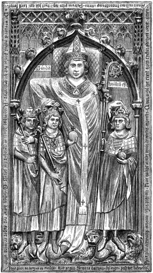 Epitaph of Peter von Aspelt, 1245-1320, Archbishop of Mainz, memorial in Mainz Cathedral, Germany, from the left: John the Blind, his father Henry VII, Peter von Aspelt, Louis the Bavarian