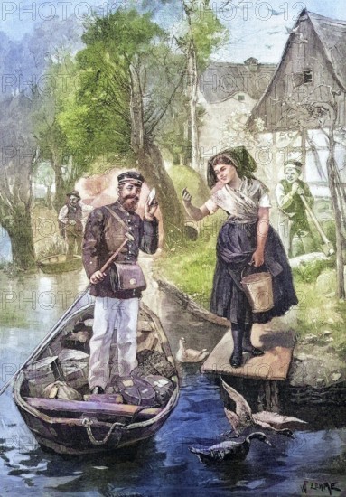 Country postman in the Spreewald, Brandenburg, Germany, coloured wood engraving, reproduction from a model from ca 1888, Historical, A man in uniform and a woman on the bank interact amiably beside a boat on a river. The scene is idyllic