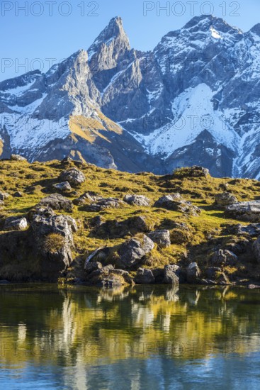 Panorama of Lake Gugger See, central main ridge of the Allgäu Alps, Allgäu, Bavaria, Germany