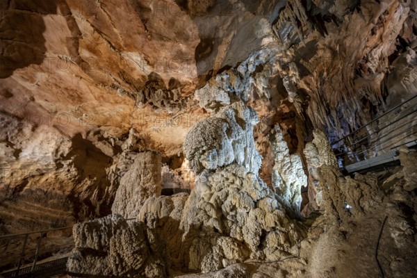 Stalactites and stalagmites, rock formations in a stalactite cave, Grotta del Fico, Gulf of Orosei, Baunei, Sardinia, Italy