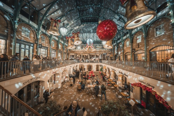A festive interior with twinkling lights and two-level decoration full of people, AppleMarket, London, United Kingdom
