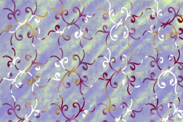A seamless decorative pattern with swirling floral motifs in red, white, and gold tones against a soft blue green background, ideal for backgrounds or wallpapers