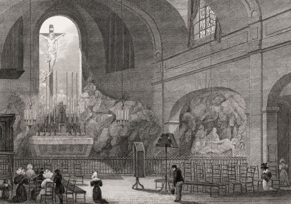 Chapelle du Calvaire, Eglise de St Roche, Church of Saint-Roch, Paris, antique steel engraved print, 1831