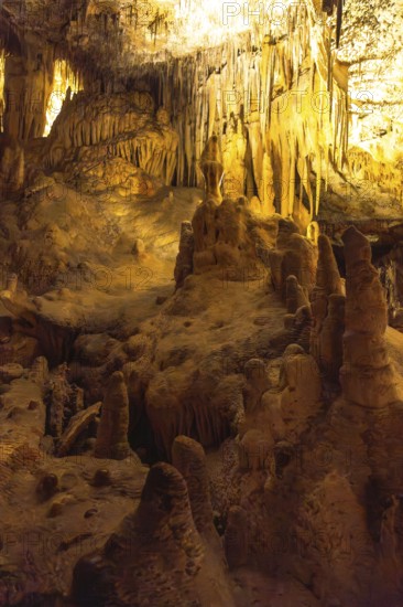 Stunning cave formations illuminated by warm lights, showcasing the beauty of nature's artistry in the caves of drach, mallorca
