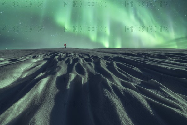 Unrecognizable person in red walks alone under the Northern lights on a snowy landscape at night, showcasing the beauty of a winter northern night
