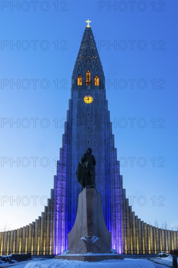 Hallgrímskirkja, Evangelical Lutheran Parish Church of the Icelandic State Church, Blue Hour, Winter, Reykavik, Iceland, Scandinavia