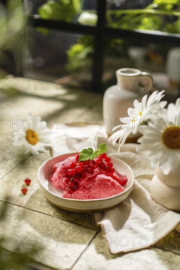 From above a homemade pink berry mousse topped with fresh red currants and green leaves, elegantly served on a tiled table amidst bright white daisies and a soft background filled with lush greenery