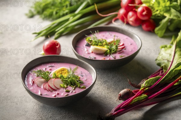 A vibrant cold beetroot soup served in stylish bowls, garnished with fresh herbs, radish slices, and a wedge of egg, set against a backdrop of fresh vegetables