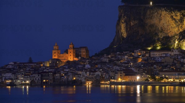 View of the coastal town of Cefalu at night, church, lights, Sicily, Italy, Cefalu, Sicily, Italy