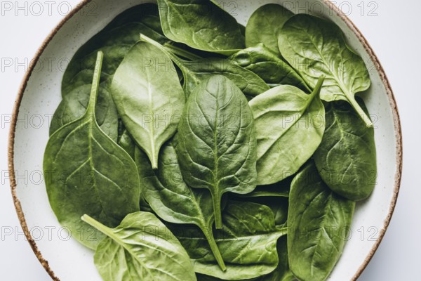 A top view of fresh green spinach leaves arranged beautifully in a rustic ceramic bowl. The vibrant green hues of the spinach contrast with the bowl's subtle texture