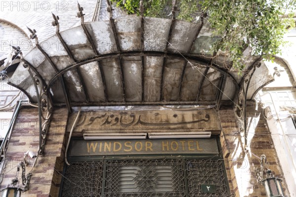 Cairo, Egypt. April 3rd 2025. The closed entrance door to the historic Windsor Hotel, A colonial era building once served as British Officers Club near the former Shepheard's Hotel, Cairo, Egypt