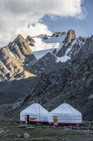 Yurts in a mountain valley in the Tien Shan Mountains, near Altyn Arashan, Kyrgyzstan