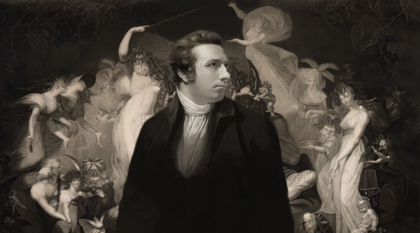 Henry Fuseli or Johann Heinrich Füssli, 1741 – 1825, Swiss painter, draughtsman and writer, digitally edited after Northcote, 1778, Titania and Bottom, scene from Midsummer Nights Dream, by William Shakespeare