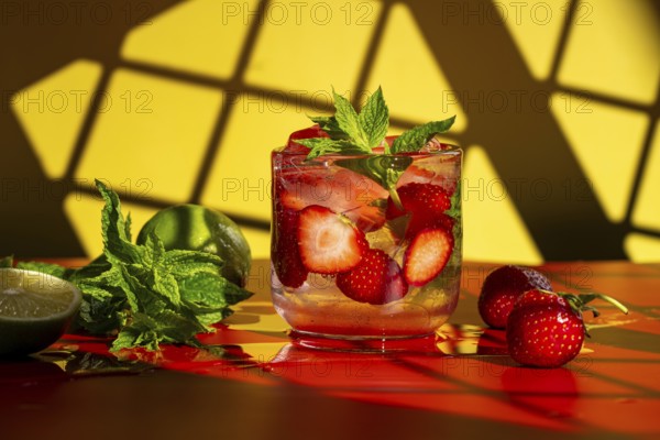 A vibrant strawberry mojito garnished with fresh mint and lime sits on a glossy red surface against a bold yellow geometric background, radiating a refreshing summer vibe