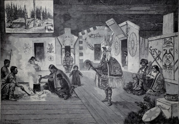 Home of the Vancouver Indians, 1890, Canada, illustration, reproduction from a 19th century model. Authentic, file restored for optimal use, exact date of original unknown, historical, traditional scene with dancer and trunk in decorative interior