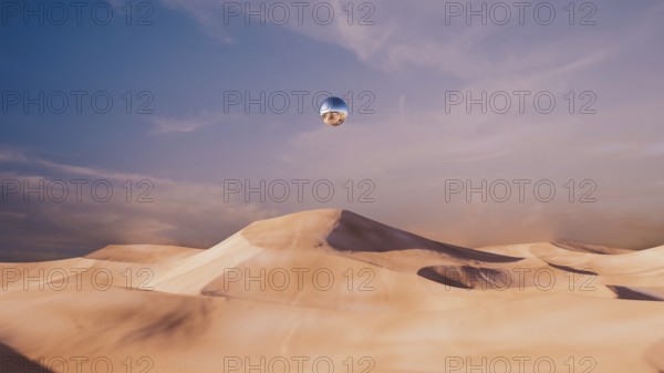 In a vast desert, rolling dunes create a surreal backdrop for a floating metallic sphere, showcasing a striking contrast at sunset