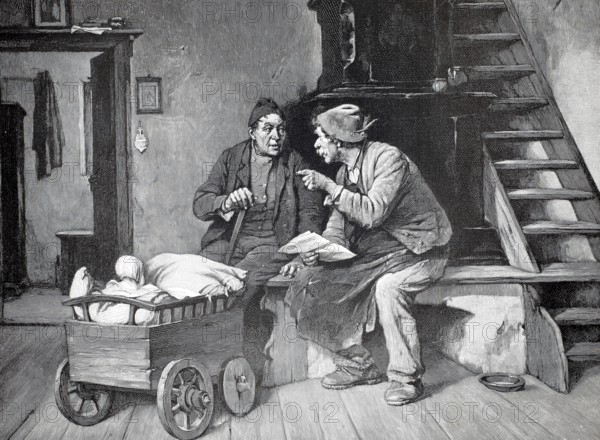 Two men discussing a newspaper article, sitting on the stove bench and taking care of a baby in a stroller, 1896, authentic, digitally restored reproduction from a 19th-century model, exact date of presentation unknown, historical, Two men talking vividly in a simple room next to a stroller
