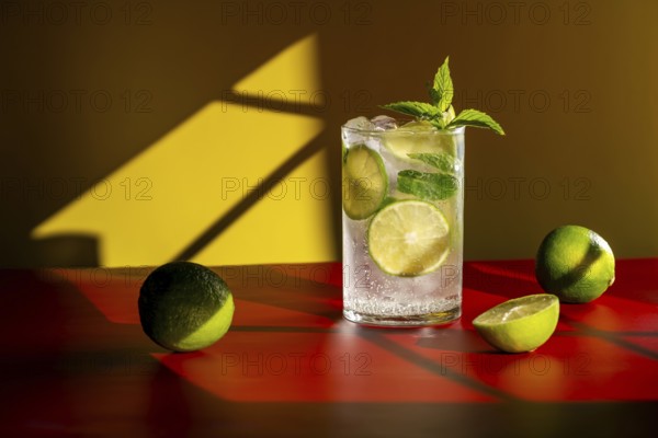 A refreshing classic mojito garnished with lime slices and mint leaves in a clear glass, set on a vibrant red surface with a yellow background, creating a lively tropical vibe