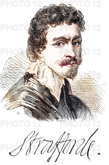 Sir Thomas Wentworth, 1st Earl of Strafford, 1593-1641, Baron of Raby, also known as Sir Thomas Wentworth, Baron of Newmarch and Oversley. Portrait and signature, Historical, digitally restored reproduction from a 19th century original, Record date not stated
