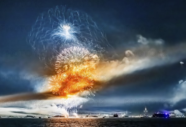 Lake Night Festival Constance. Water fireworks over the German shore and the neighbouring Swiss town of Kreuzlingen. View of the fireworks from Lake Constance. Constance, Baden-Württemberg, Germany