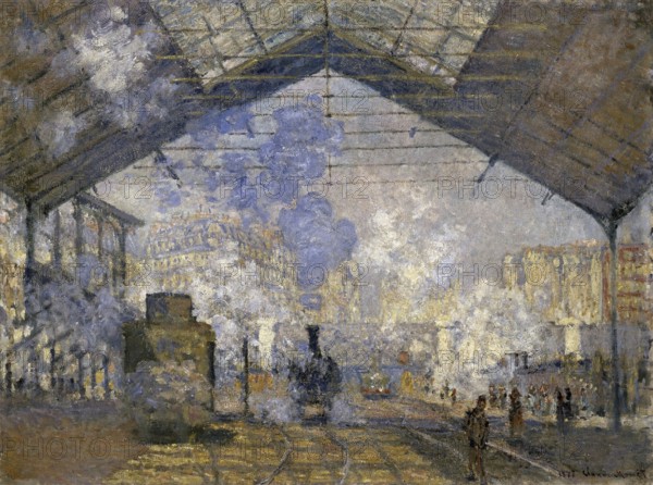 Claude Monet (b. 14 November 1840 in Paris as Oscar-Claude Monet, d. 5 December 1926) important French painter, Impressionist style. Here his work, The Saint-Lazare Station (1877), Trains and smoke fill a covered railway station in an urban setting
