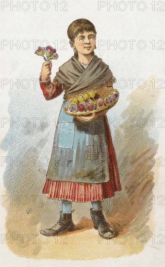 Viennese types by Ladislav Eugen Petrovits (1839, 1907), painter from Austria. Flower girl, girl with bouquet of flowers and basket full of products in her hand