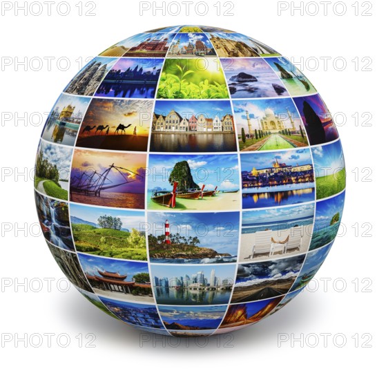 Global travel media world globe concept, picture sphere with travel images isolated on white. All photos are from my portfolio