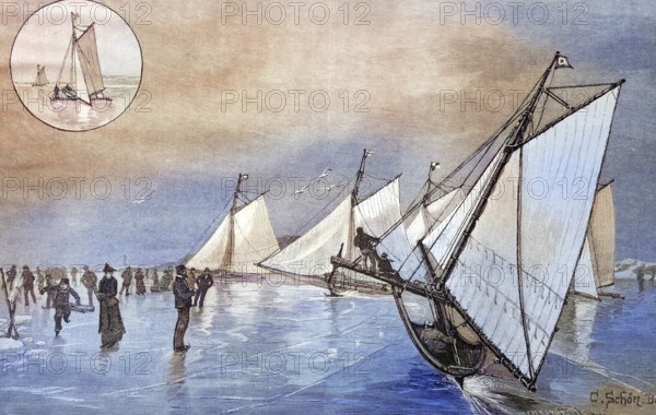 Iceboat sailing on the Baltic Sea, Germany, coloured wood engraving, reproduction of an original from ca 1888, historical, sailing boats glide over reflecting ice under a colourful sky