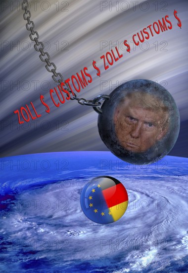 Symbolic image, EU and Germany in a political hurricane, Donald Trump, tariff threats, Elon Musk, Mark Zuckerberg, social networks, fake news, hate, hate speech, DSG Digital Services Act, re-election, USA, politics, announcements, vendetta, wanted dictator, Republicans, US electoral system, global danger, lies, 2nd term, global burden, Ukrainian war, White House storm